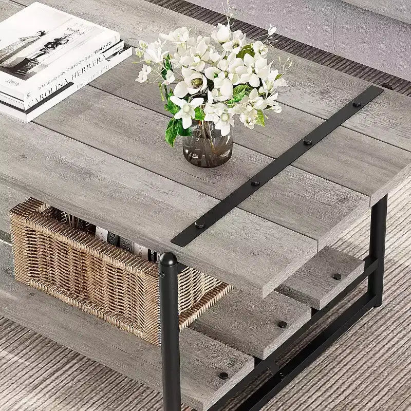 Table basse à 2 niveaux avec étagère de rangement, en bois de style industriel et rustique