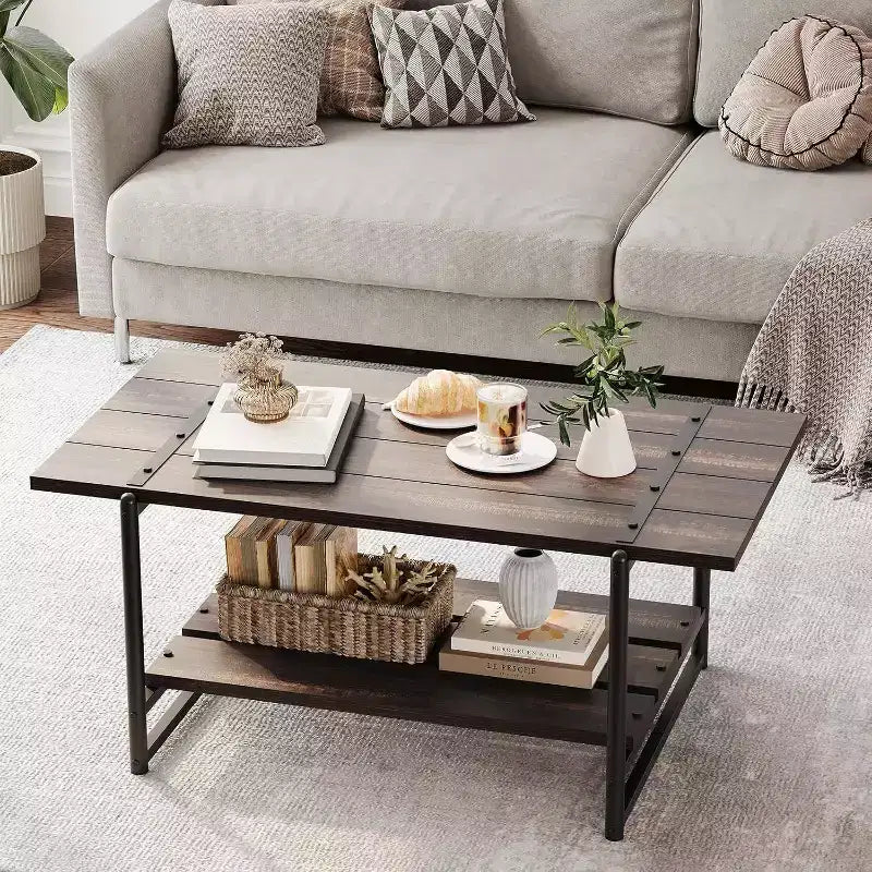Table basse à 2 niveaux avec étagère de rangement, en bois de style industriel et rustique