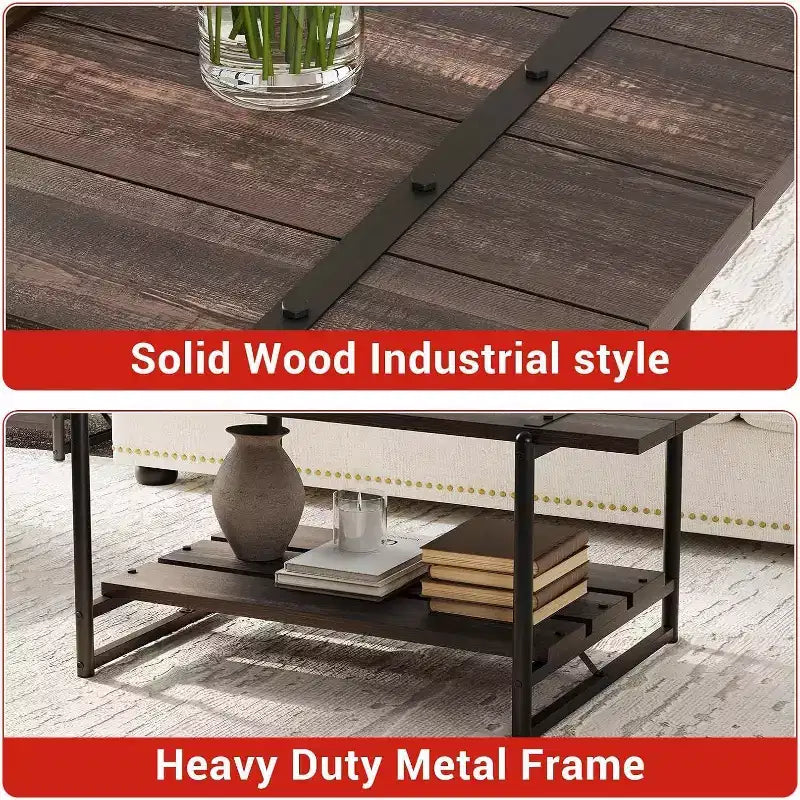 Table basse à 2 niveaux avec étagère de rangement, en bois de style industriel et rustique