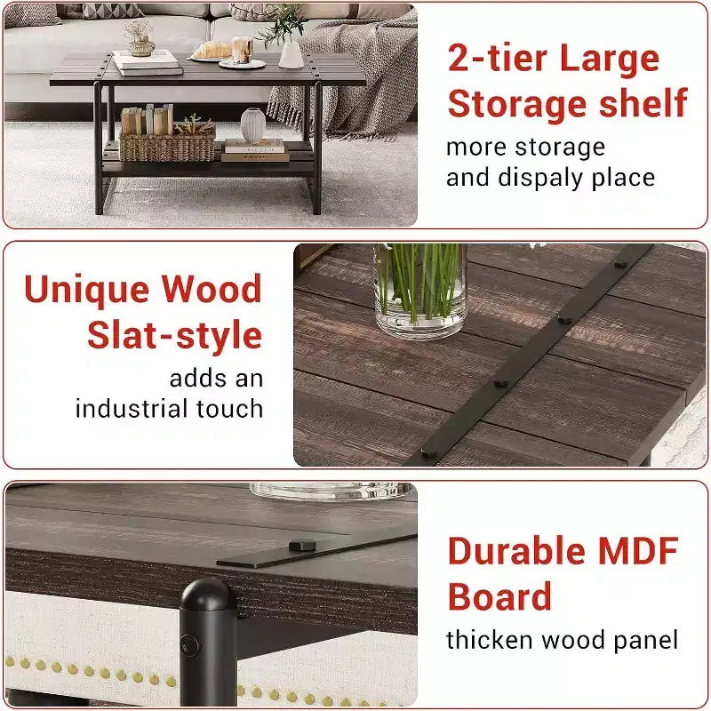 Table basse à 2 niveaux avec étagère de rangement, en bois de style industriel et rustique
