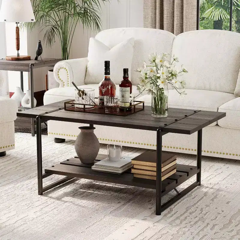 Acekool 2-Tier Coffee Table with Storage Shelf, Farmhouse Industrial Wood &amp; Metal Center Table for Living Room, Office