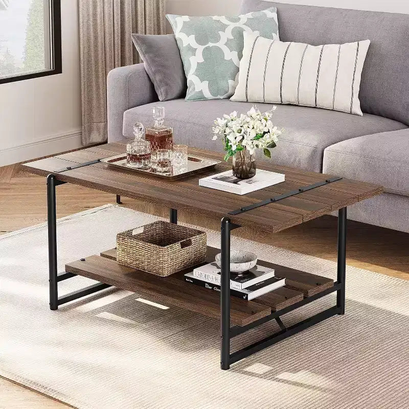 Table basse à 2 niveaux avec étagère de rangement, en bois de style industriel et rustique
