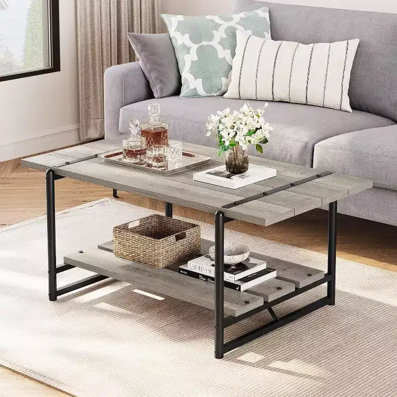 Table basse à 2 niveaux avec étagère de rangement, en bois de style industriel et rustique