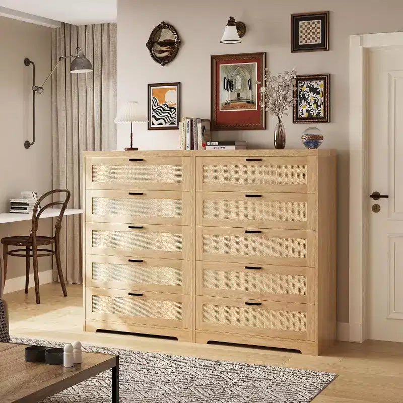 Commode en rotin avec 5 tiroirs de rangement, Commode moderne en bois pour chambre à coucher