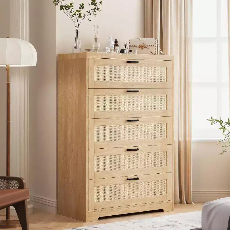 Commode en rotin avec 5 tiroirs de rangement, Commode moderne en bois pour chambre à coucher