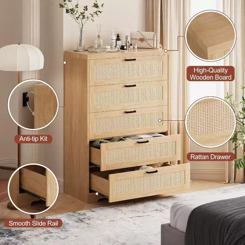 Commode en rotin avec 5 tiroirs de rangement, Commode moderne en bois pour chambre à coucher