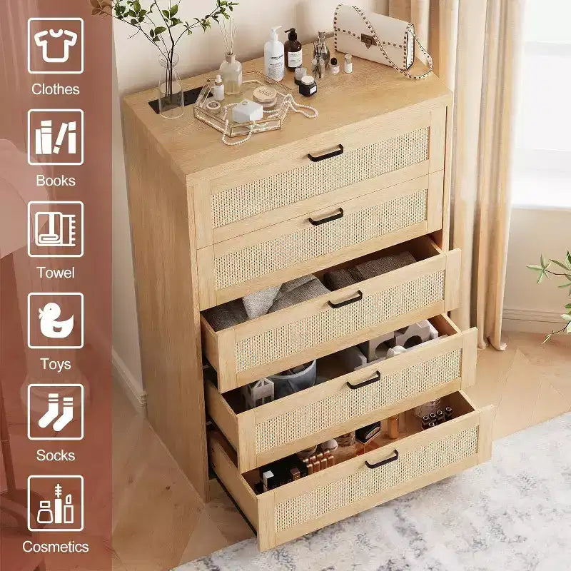 Commode en rotin avec 5 tiroirs de rangement, Commode moderne en bois pour chambre à coucher