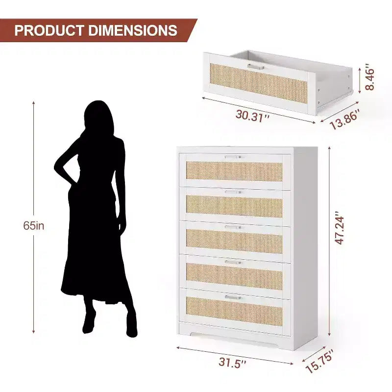 Commode en rotin avec 5 tiroirs de rangement, Commode moderne en bois pour chambre à coucher
