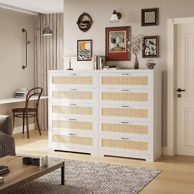 Commode en rotin avec 5 tiroirs de rangement, Commode moderne en bois pour chambre à coucher