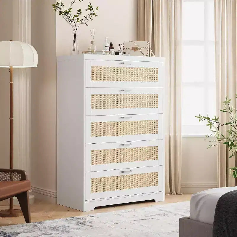 Commode en rotin avec 5 tiroirs de rangement, Commode moderne en bois pour chambre à coucher