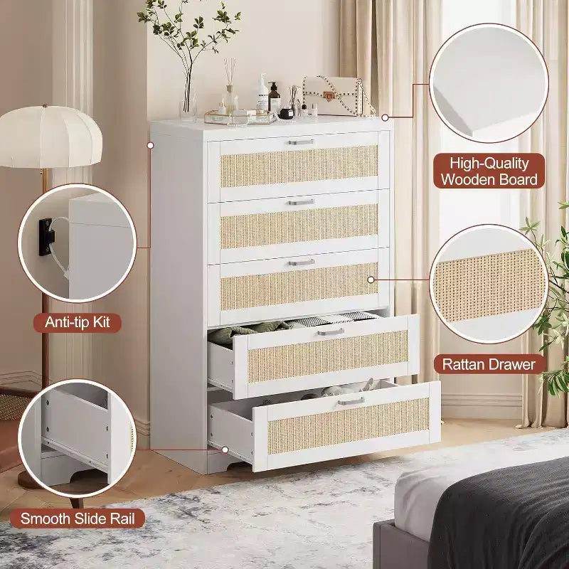 Commode en rotin avec 5 tiroirs de rangement, Commode moderne en bois pour chambre à coucher