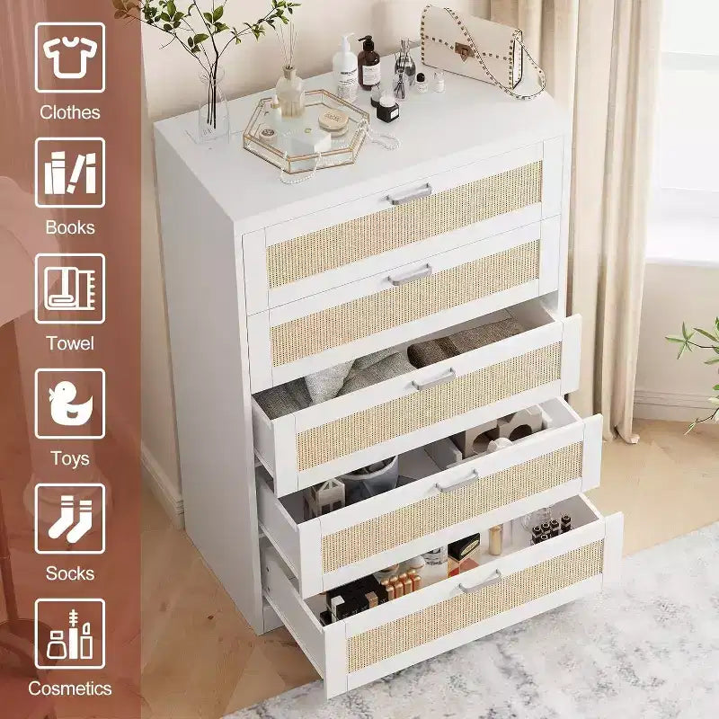 Commode en rotin avec 5 tiroirs de rangement, Commode moderne en bois pour chambre à coucher