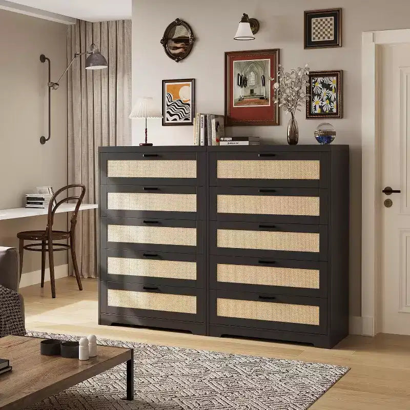 Commode en rotin avec 5 tiroirs de rangement, Commode moderne en bois pour chambre à coucher