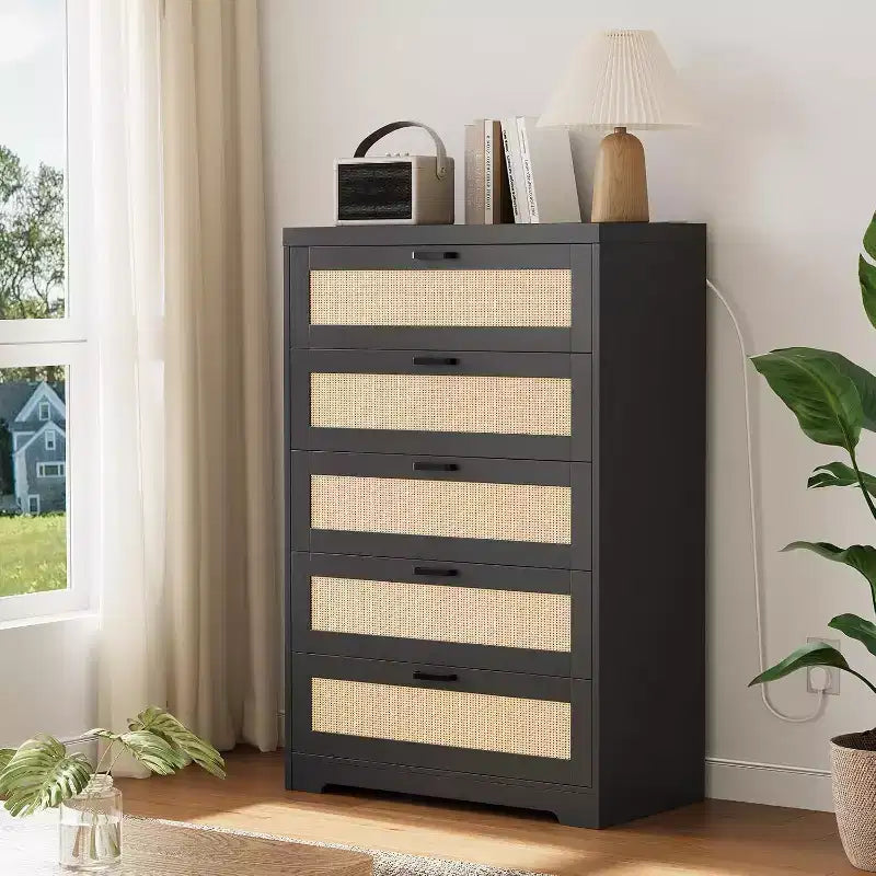 Commode en rotin avec 5 tiroirs de rangement, Commode moderne en bois pour chambre à coucher