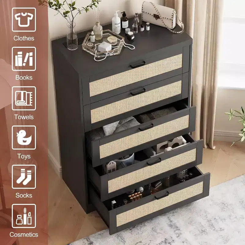 Commode en rotin avec 5 tiroirs de rangement, Commode moderne en bois pour chambre à coucher