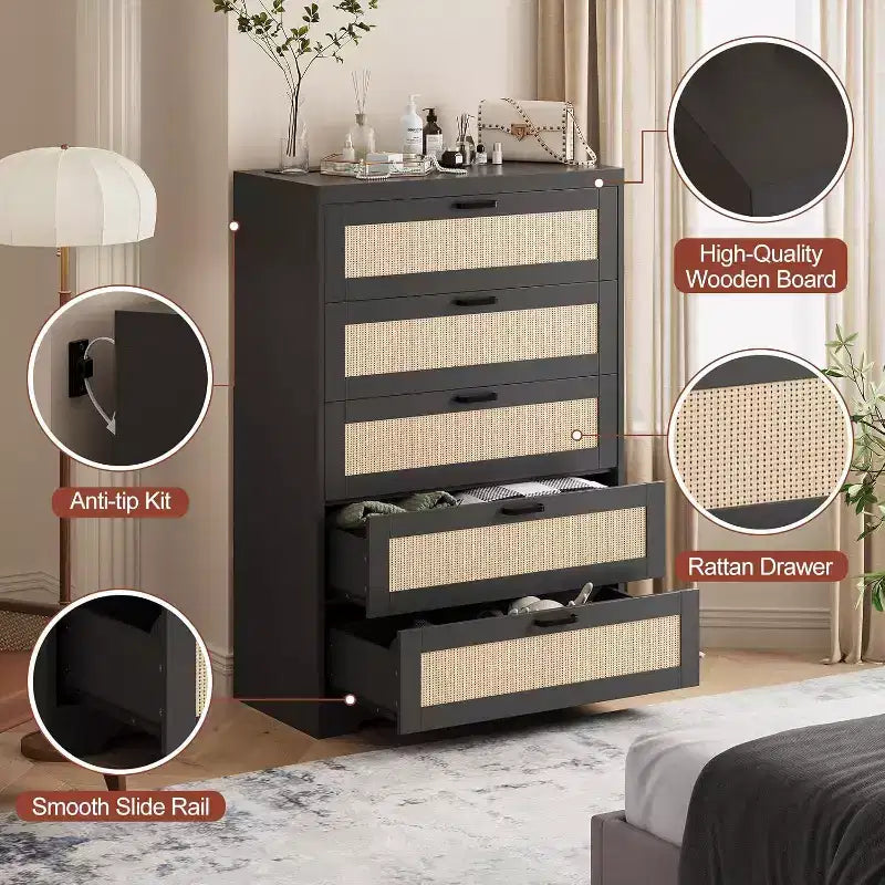 Commode en rotin avec 5 tiroirs de rangement, Commode moderne en bois pour chambre à coucher