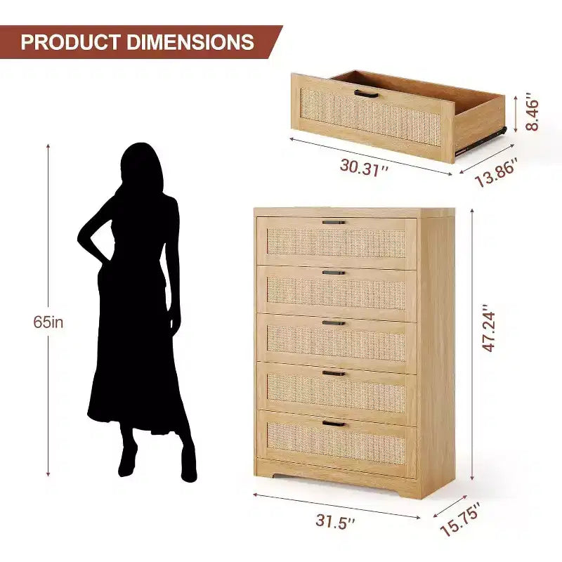 Commode en rotin avec 5 tiroirs de rangement, Commode moderne en bois pour chambre à coucher