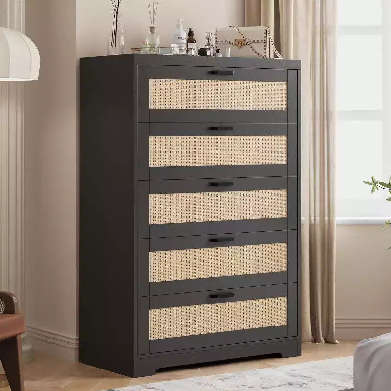 Rattan Dresser with 5 Drawer Storage, Modern Wooden Dresser for Bedroom, Closet, Living Room, Hallway, Entryway