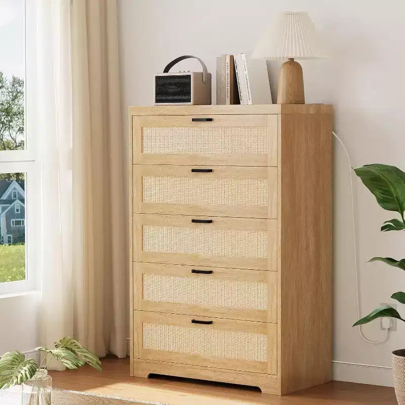 Commode en rotin avec 5 tiroirs de rangement, Commode moderne en bois pour chambre à coucher