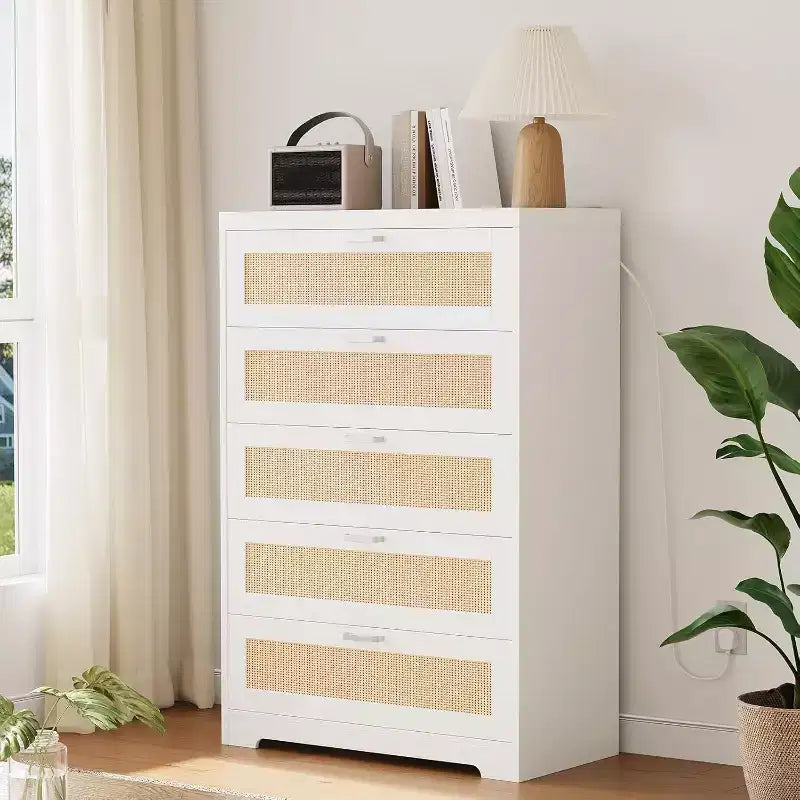 Commode en rotin avec 5 tiroirs de rangement, Commode moderne en bois pour chambre à coucher