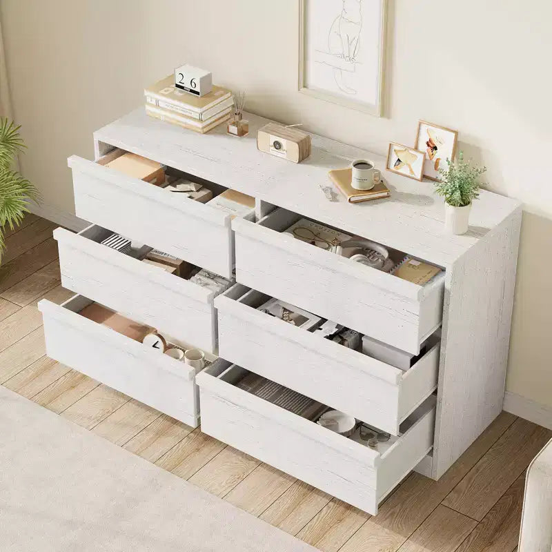 Commode 6 tiroirs pour chambre à coucher, double commode blanche avec poignées concaves