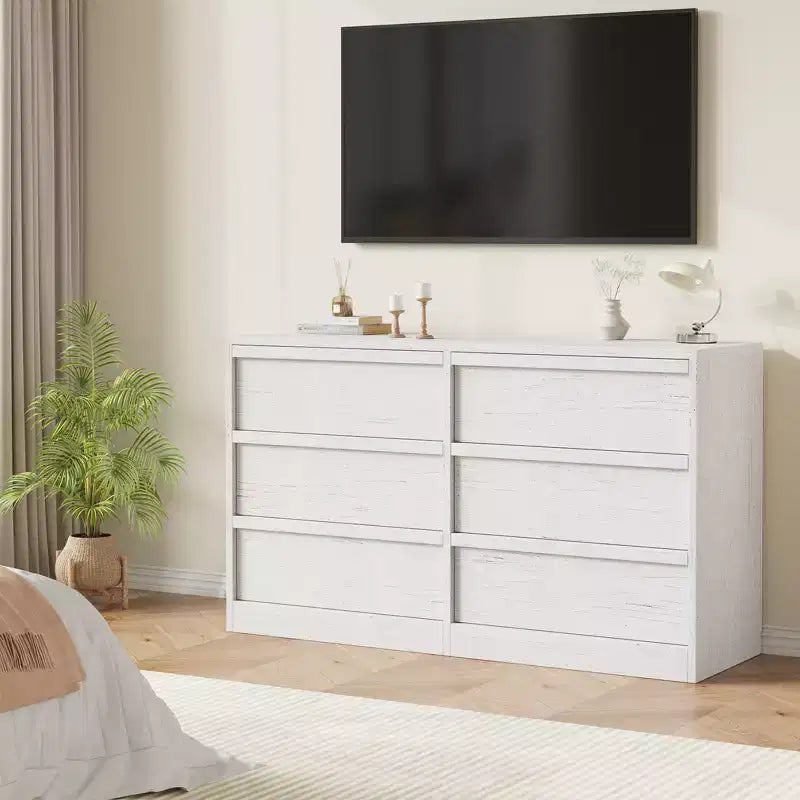 Commode 6 tiroirs pour chambre à coucher, double commode blanche avec poignées concaves