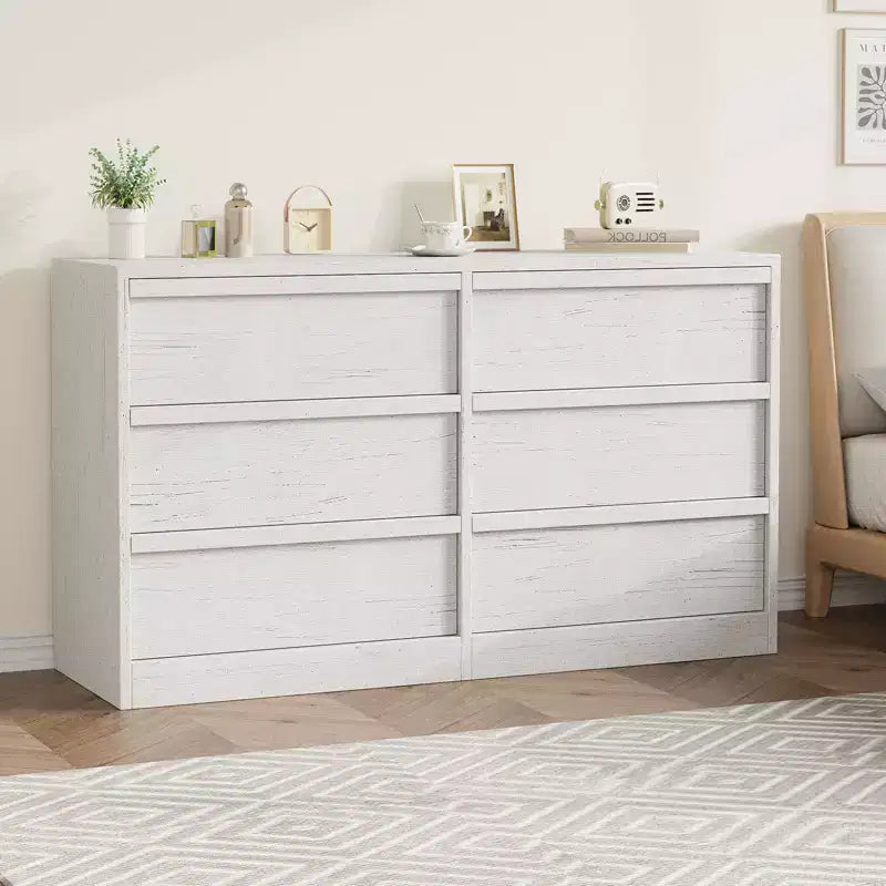Commode 6 tiroirs pour chambre à coucher, double commode blanche avec poignées concaves