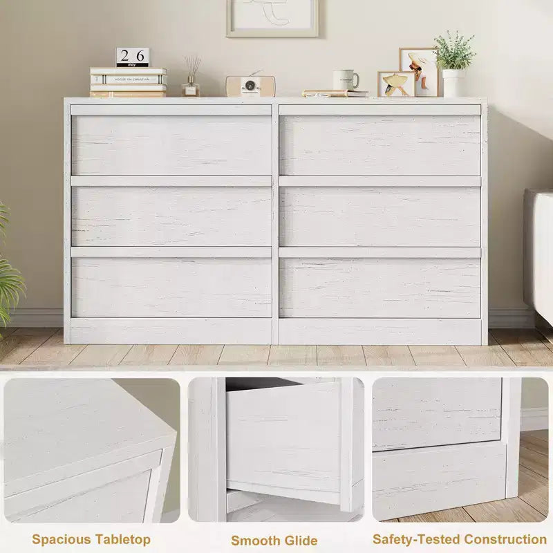 Commode 6 tiroirs pour chambre à coucher, double commode blanche avec poignées concaves