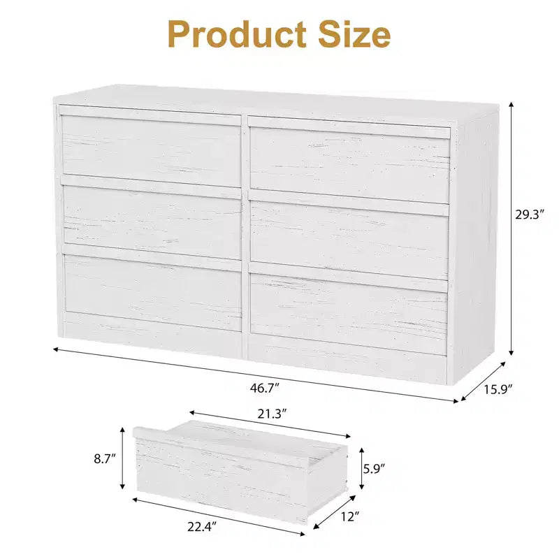 Commode 6 tiroirs pour chambre à coucher, double commode blanche avec poignées concaves