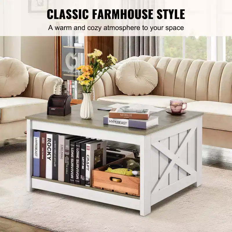 Table basse de ferme, table basse carrée avec compartiment de rangement ouvert