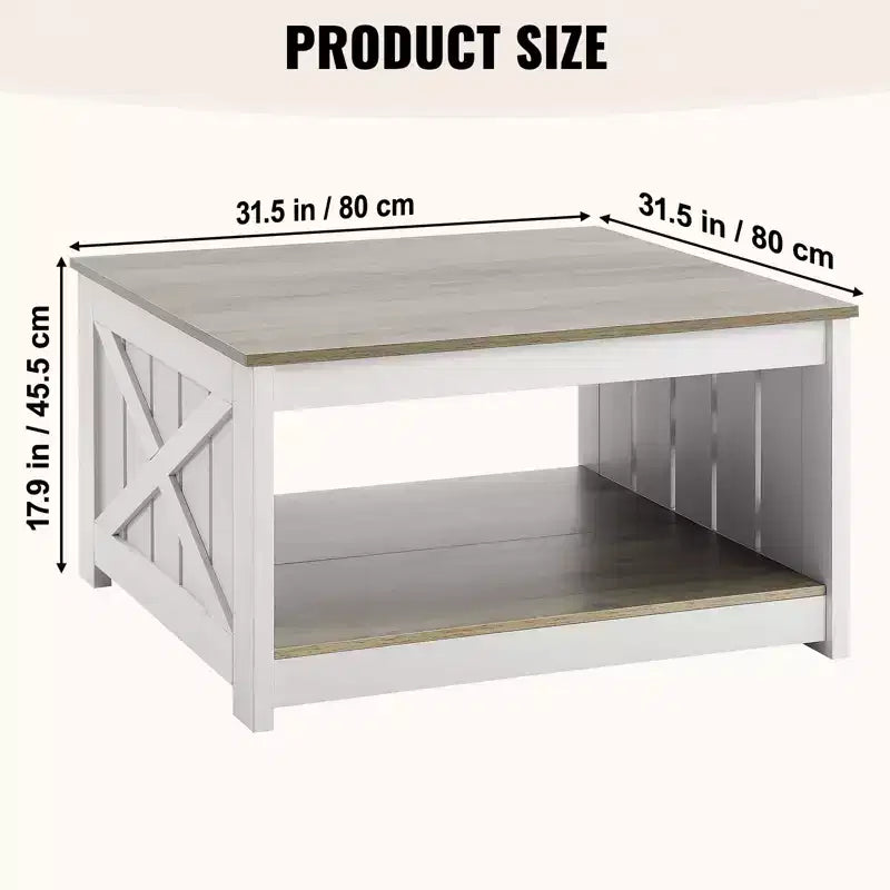 Table basse de ferme, table basse carrée avec compartiment de rangement ouvert