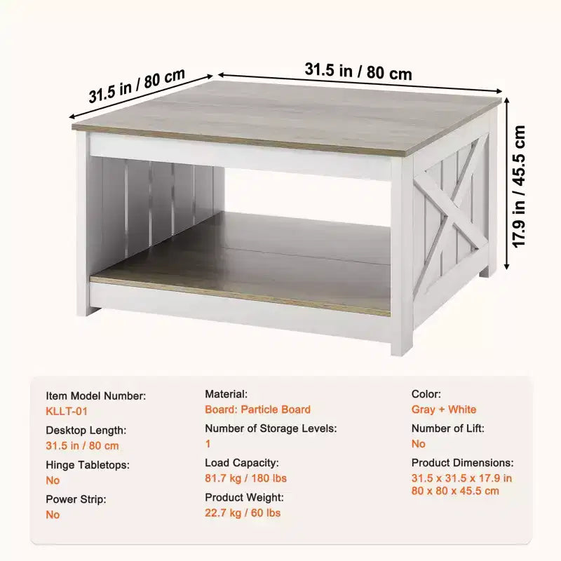 Table basse de ferme, table basse carrée avec compartiment de rangement ouvert