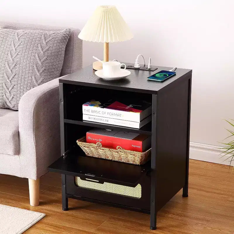 Decorative Storage Cabinets, Nightstand with Charging Station, Bedside Tables with Drawers &amp; Shelf