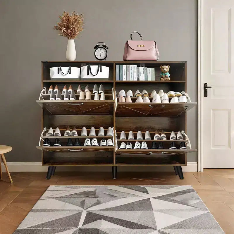 Shoe Storage Cabinet with 4 Flip Drawers and Open Storage - Dark Brown Freestanding Narrow Organizer for Entryway, Hallway, Living Room