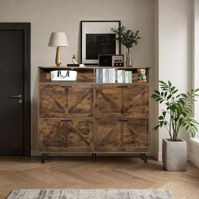 Meuble de rangement pour chaussures avec 4 tiroirs à abattant et rangement ouvert