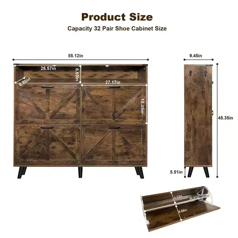 Meuble de rangement pour chaussures avec 4 tiroirs à abattant et rangement ouvert