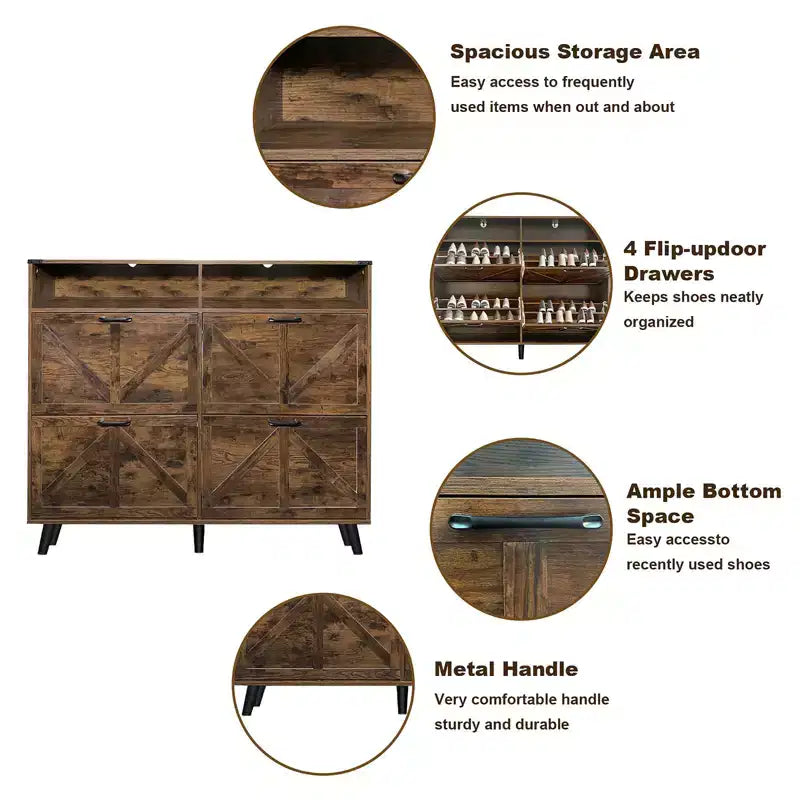 Meuble de rangement pour chaussures avec 4 tiroirs à abattant et rangement ouvert