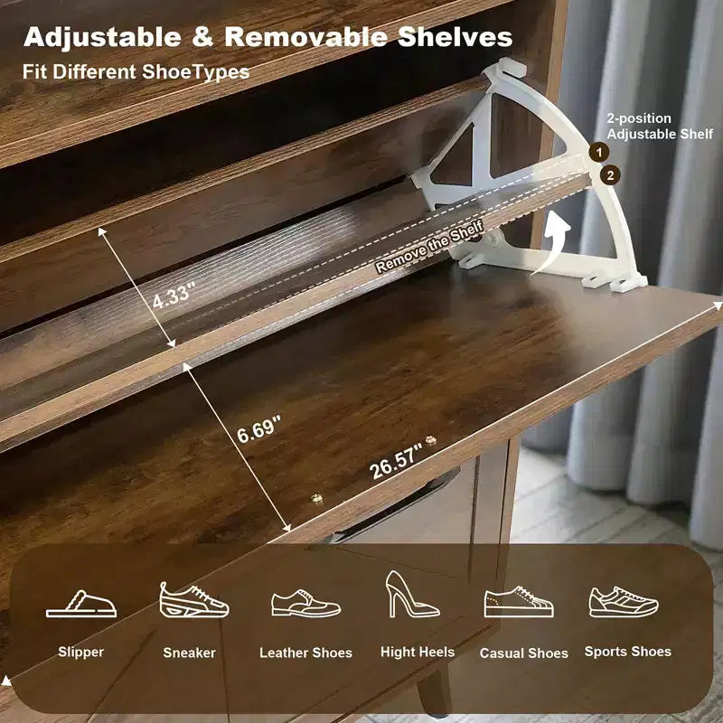 Meuble de rangement pour chaussures avec 4 tiroirs à abattant et rangement ouvert