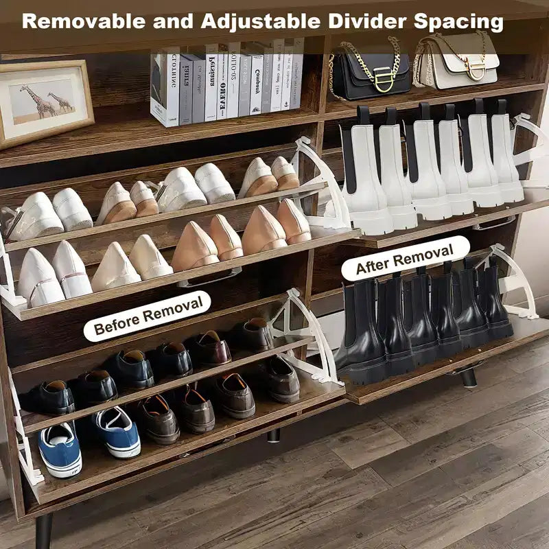 Meuble de rangement pour chaussures avec 4 tiroirs à abattant et rangement ouvert
