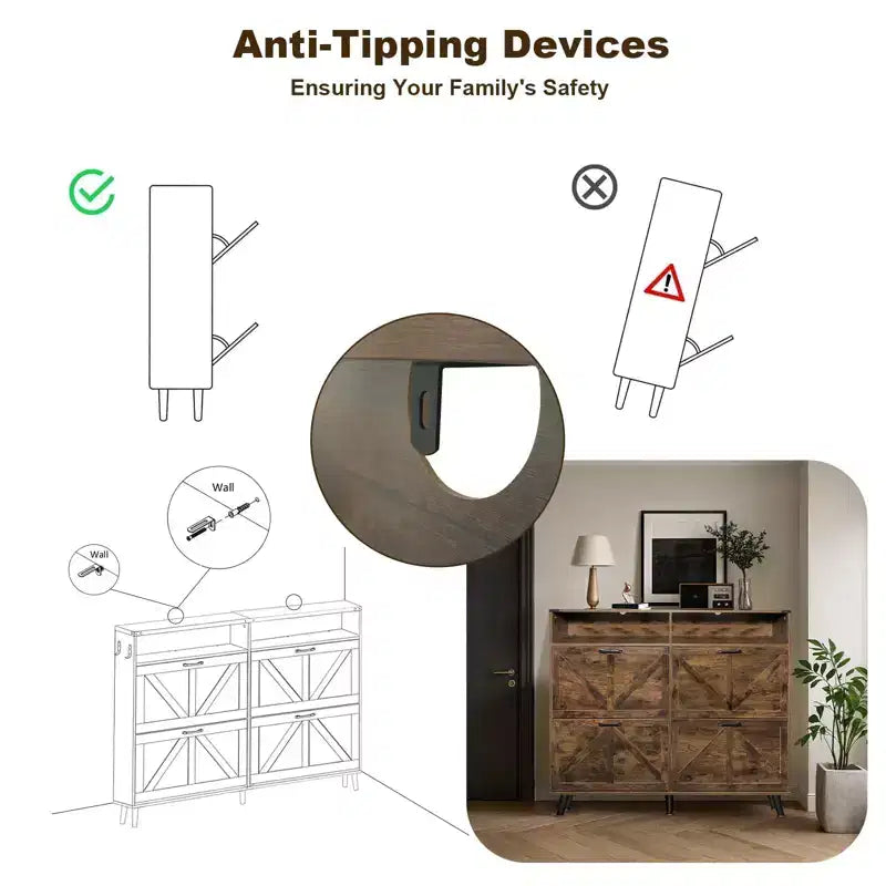 Meuble de rangement pour chaussures avec 4 tiroirs à abattant et rangement ouvert