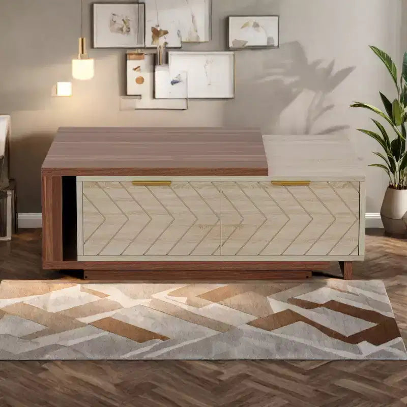 MAYEERTY V-Shaped Pattern Coffee Table Walnut Oak Veneers Brass Accents Modern Living Room Furnitures