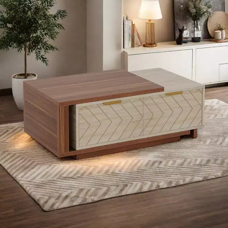 Table basse à motif en V placages noyer et chêne accents laiton