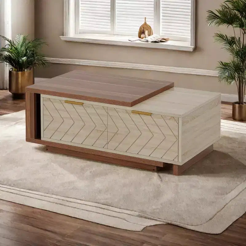 Table basse à motif en V placages noyer et chêne accents laiton