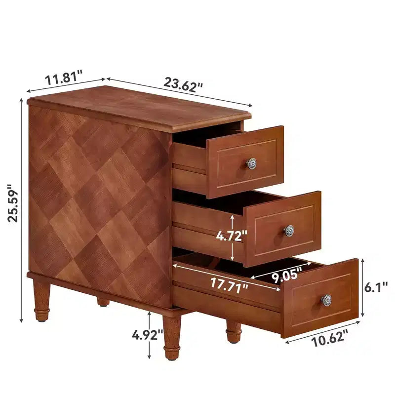 Table d'appoint étroite à 3 tiroirs en bois massif entièrement assemblée pour usage domestique