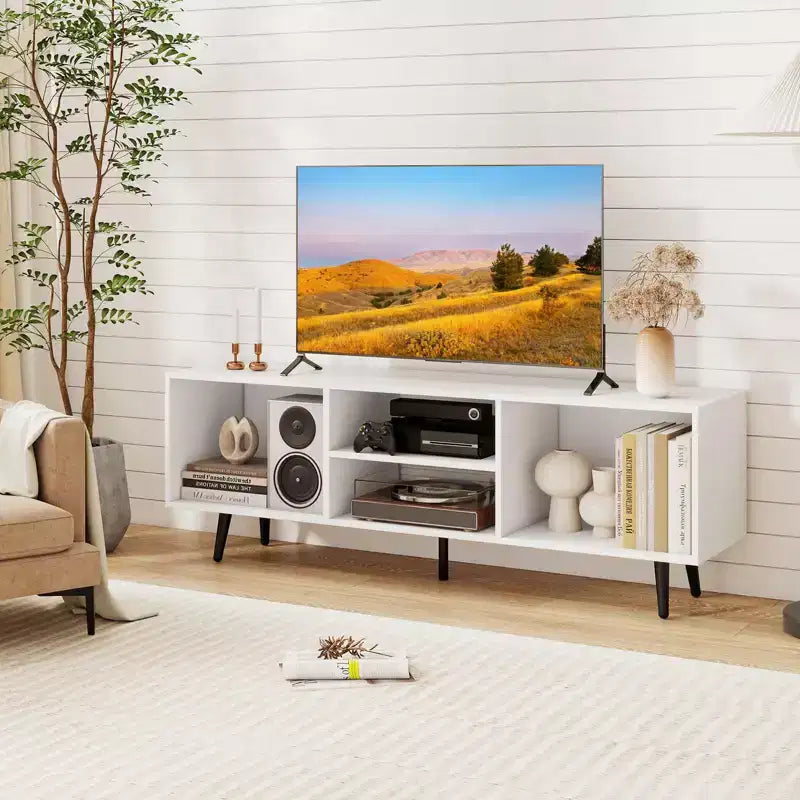 Meuble TV avec étagères de rangement pour téléviseurs de 55 pouces et pieds en métal robustes