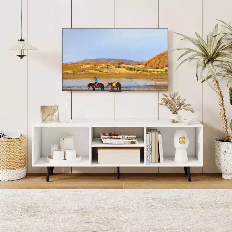 Meuble TV avec étagères de rangement pour téléviseurs de 55 pouces et pieds en métal robustes