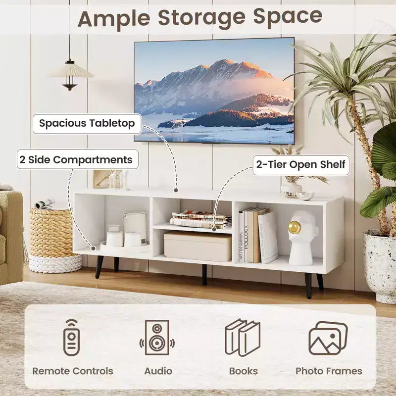 Meuble TV avec étagères de rangement pour téléviseurs de 55 pouces et pieds en métal robustes