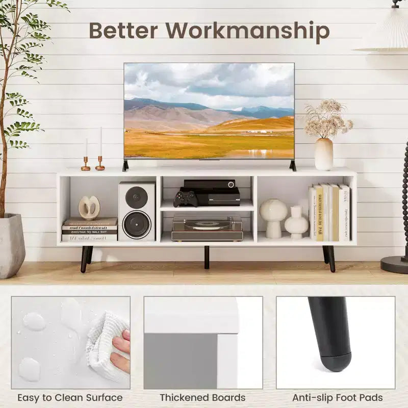 Meuble TV avec étagères de rangement pour téléviseurs de 55 pouces et pieds en métal robustes