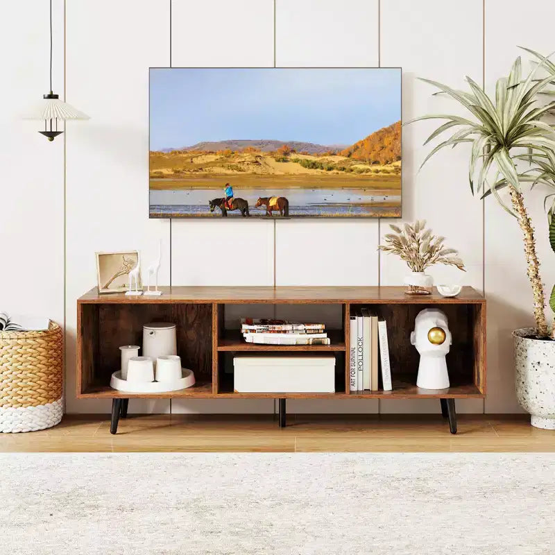 Meuble TV avec étagères de rangement pour téléviseurs de 55 pouces et pieds en métal robustes