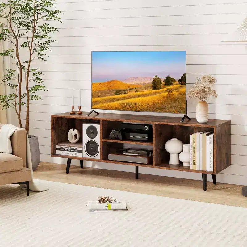 Meuble TV avec étagères de rangement pour téléviseurs de 55 pouces et pieds en métal robustes